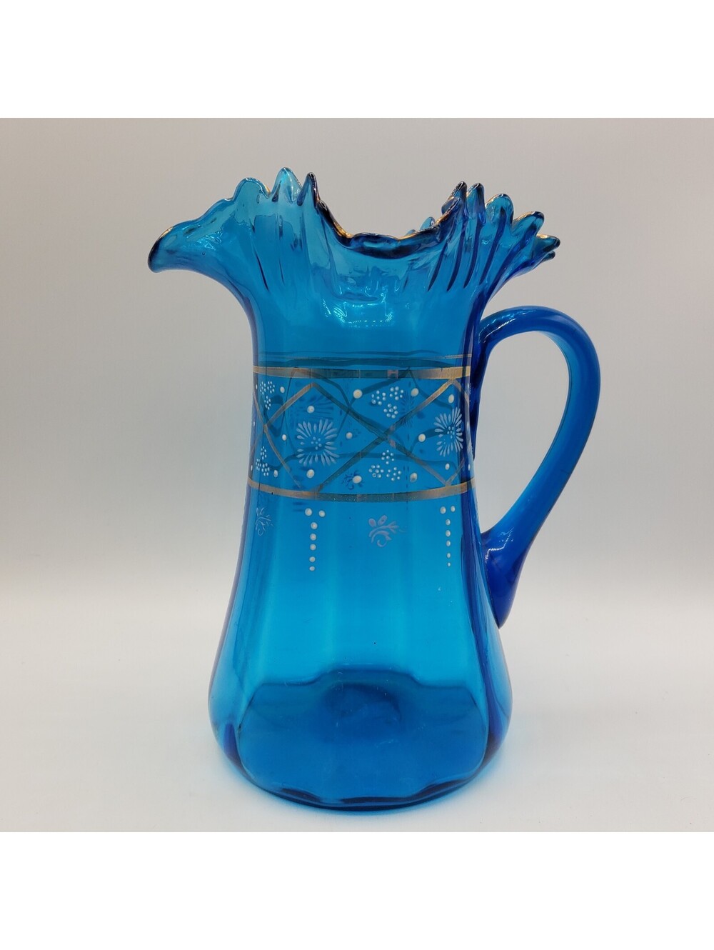 Victorian Era Bohemian Blown Glass Pitcher Turquoise Ice Blue Hand Painted